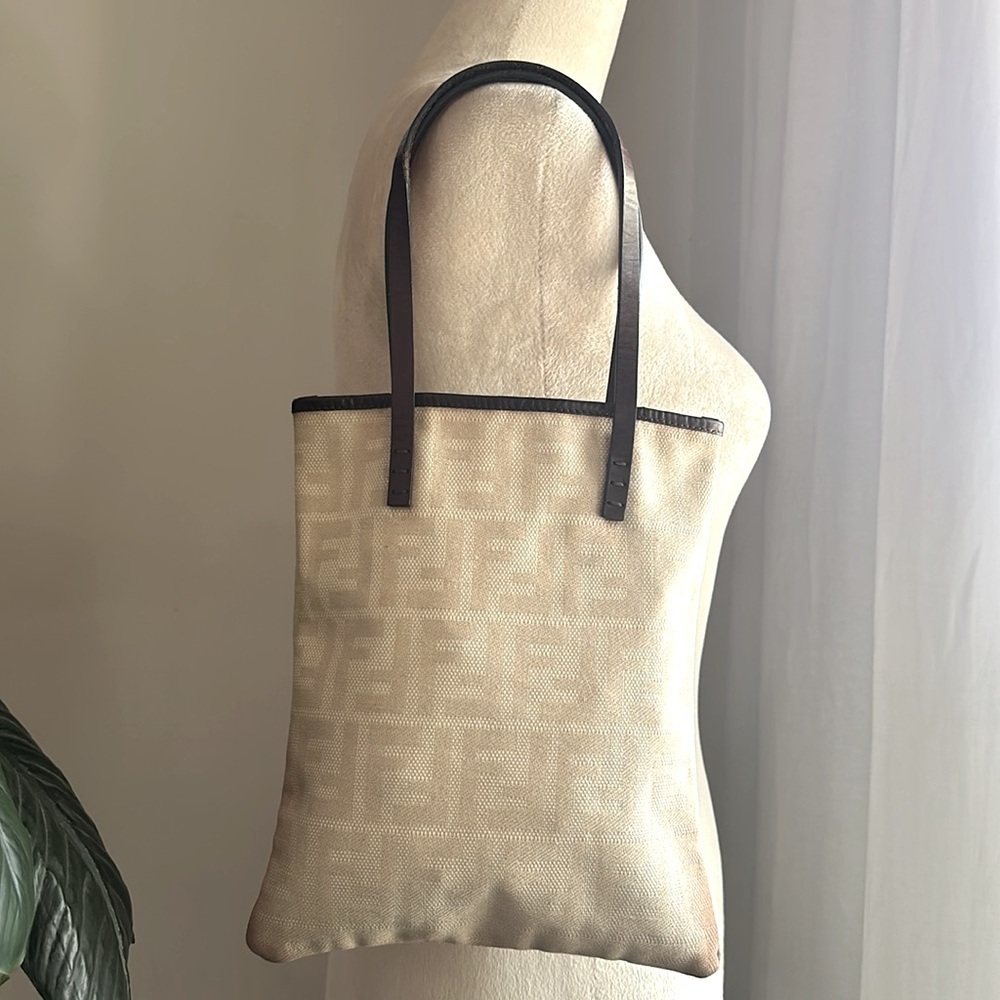 Fendi Mini FF Logo Tote Bag Beige Canvas and Leather Has wear
